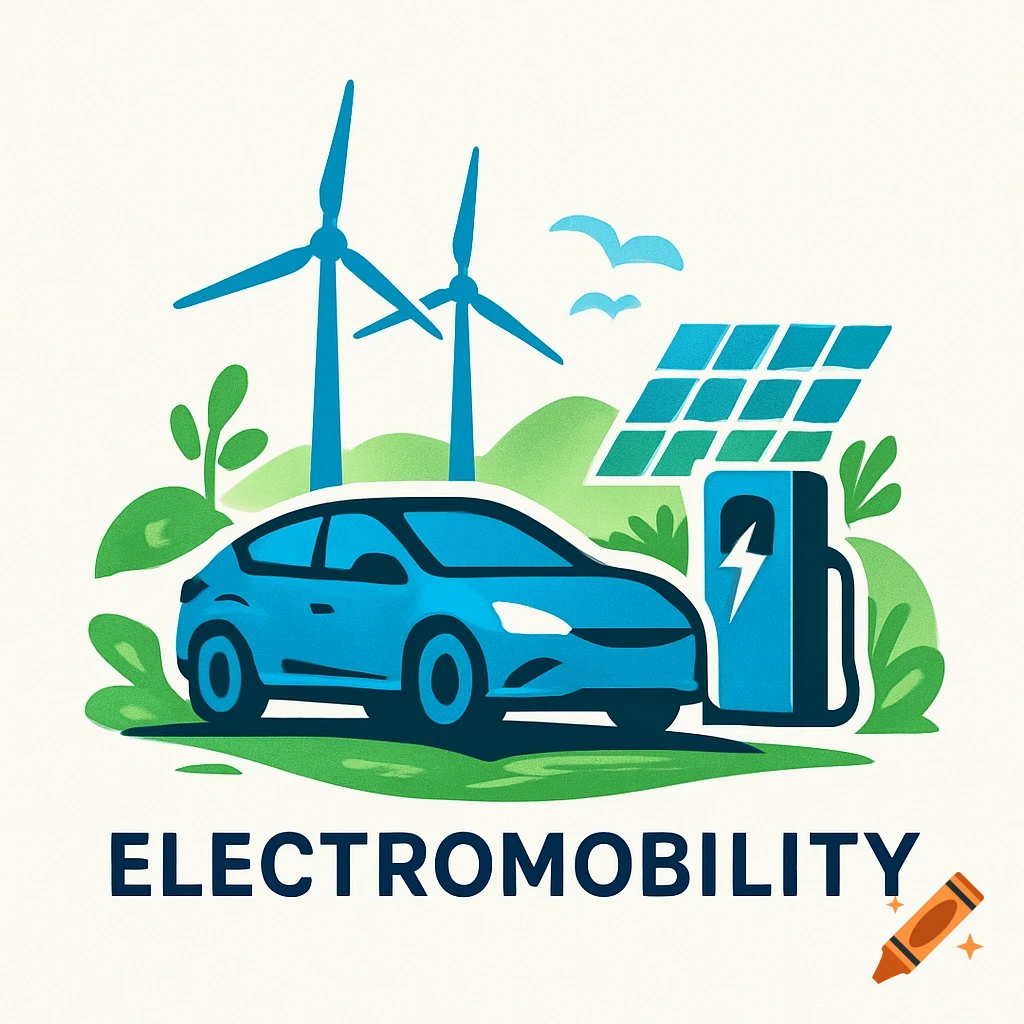 Stylized illustration of a blue electric car charging, with wind turbines, solar panels, and hills, text 'ELECTROMOBILITY'.