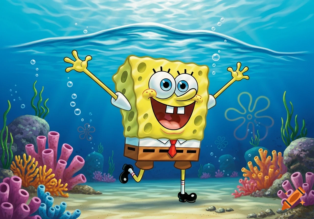SpongeBob SquarePants happily raising his arms in a vibrant underwater scene with colorful coral.