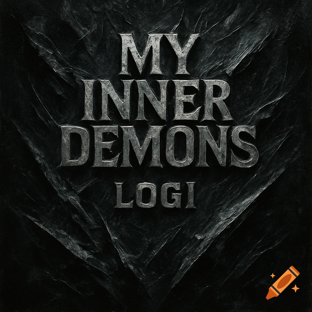 Metallic text 'MY INNER DEMONS LOGI' on a dark, textured background, in a raw, industrial style.