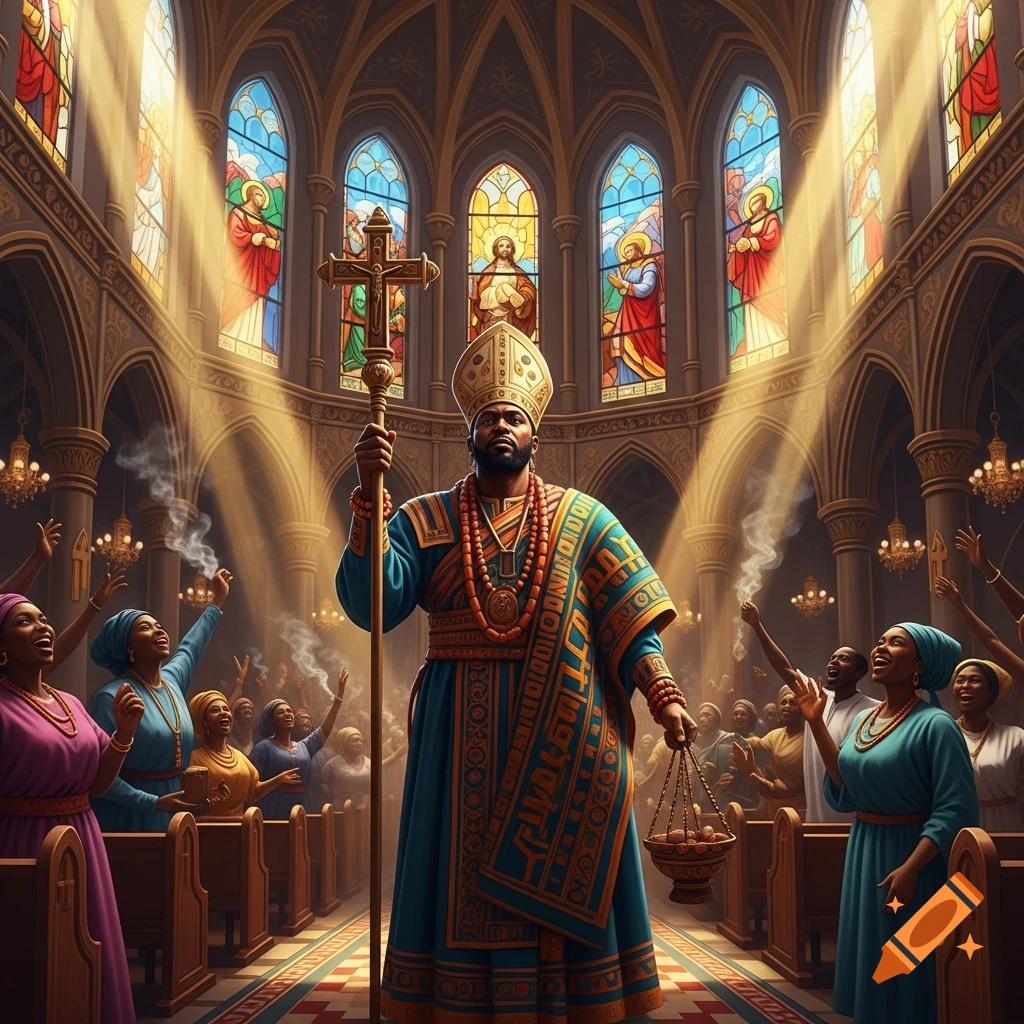 A regal African religious leader in vibrant robes holds a cross staff and censer in a luminous church with stained glass, surrounded by a worshipping congregation.