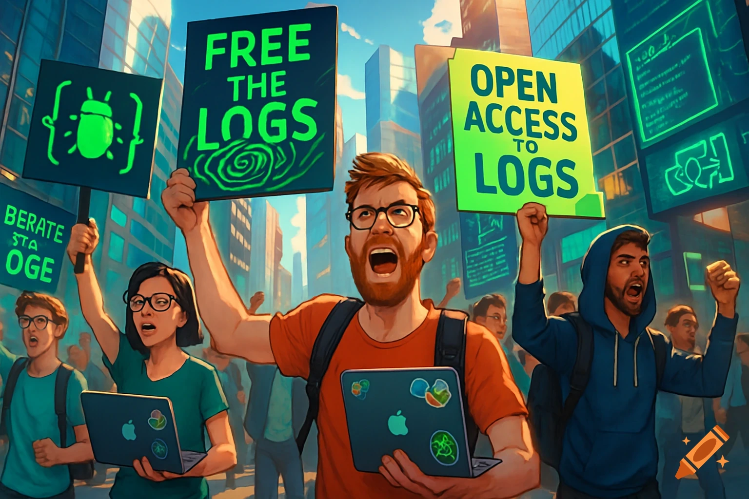 A cartoon illustration of developers protesting in a city street, holding signs that read "FREE THE LOGS" and "OPEN ACCESS TO LOGS".
