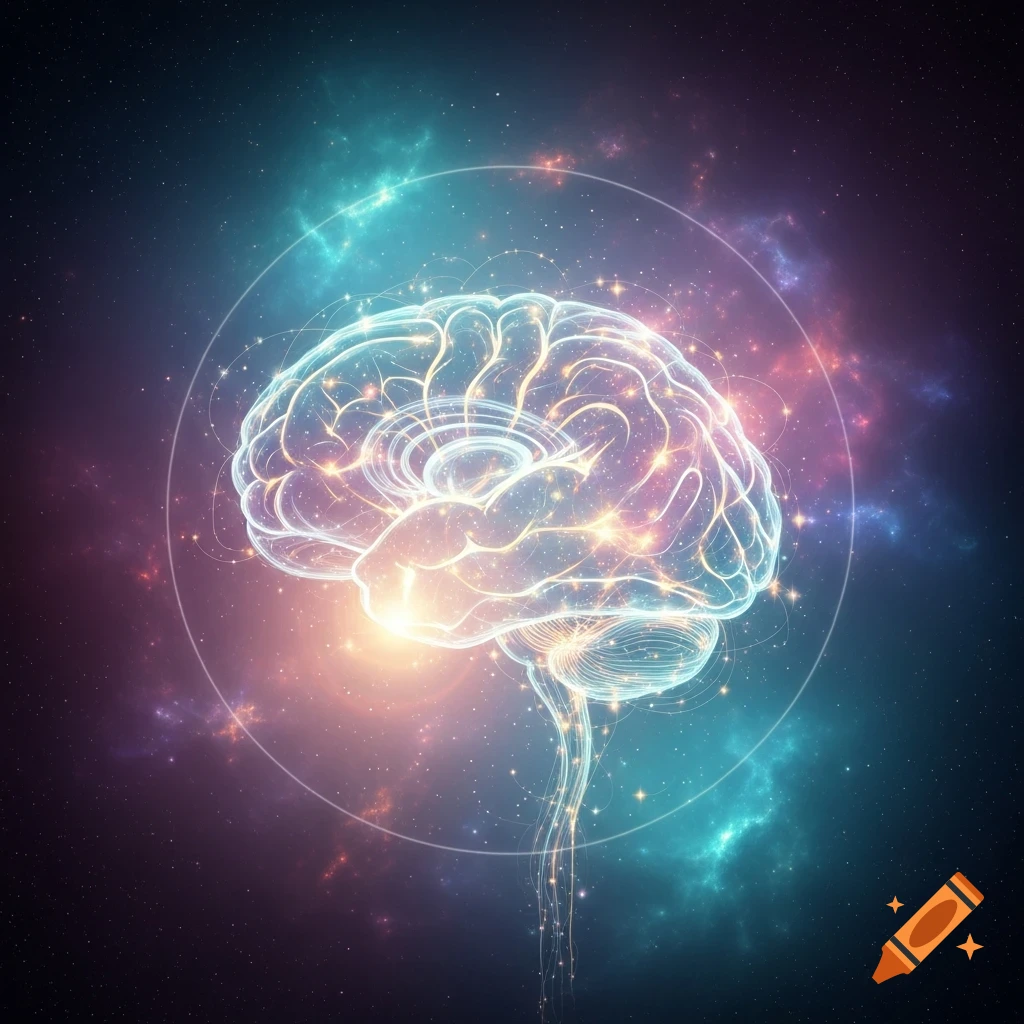 A glowing, ethereal human brain with interconnected light trails, set against a vibrant cosmic background of stars and nebulae.