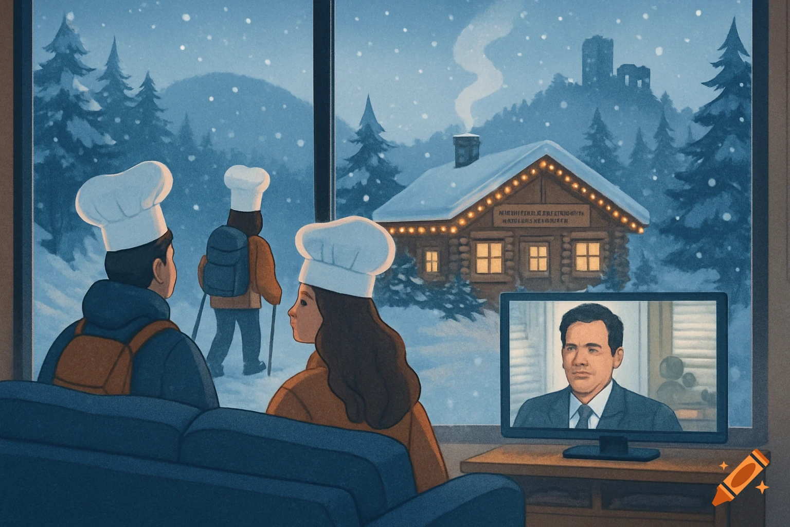 Illustration of two people in chef hats on a couch, looking out a window at a snowy forest with a cabin, while a TV shows a man.