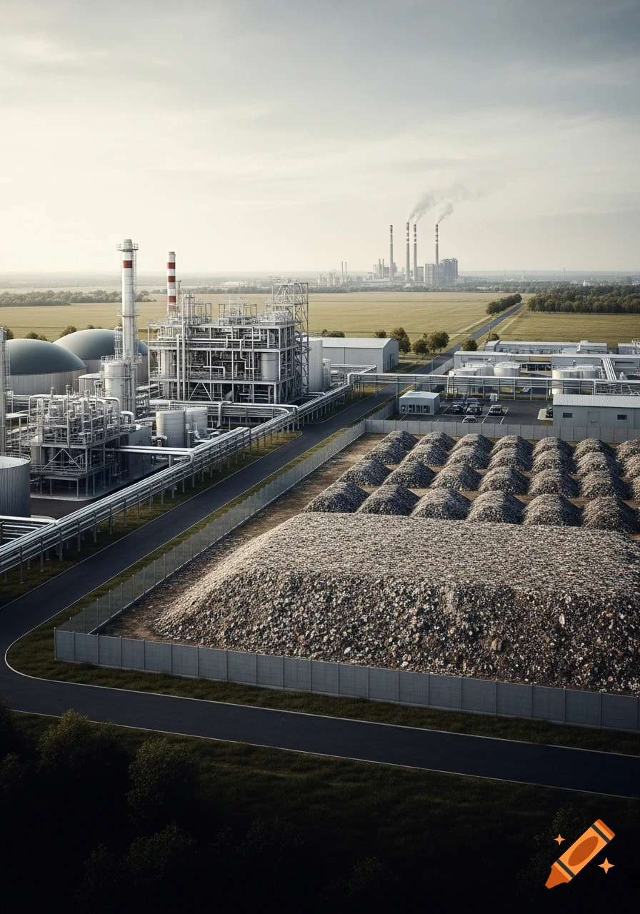Aerial view of an industrial complex featuring a biogas plant, large waste piles, and a distant power plant, amidst green fields.