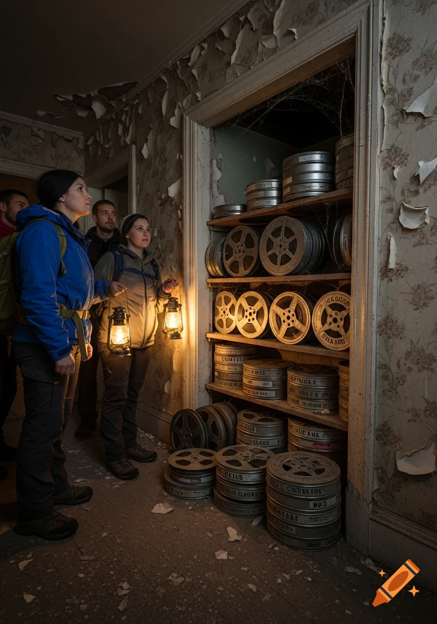 A group of explorers with lanterns examining shelves filled with old film canisters in a dimly lit, dilapidated room with peeling wallpaper.