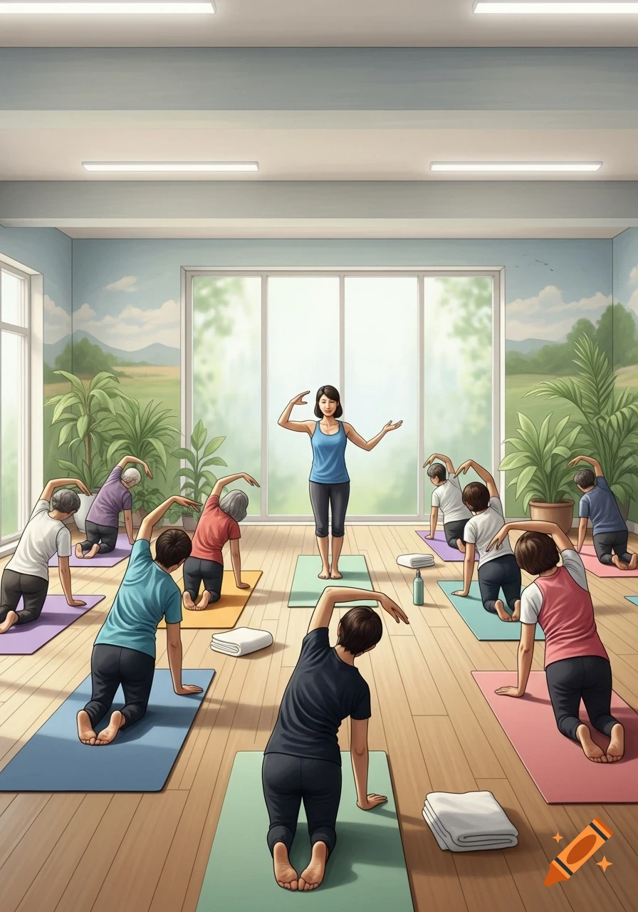 An instructor leads a diverse group, including older adults, in a bright fitness studio doing side bends on yoga mats in an illustrative style.