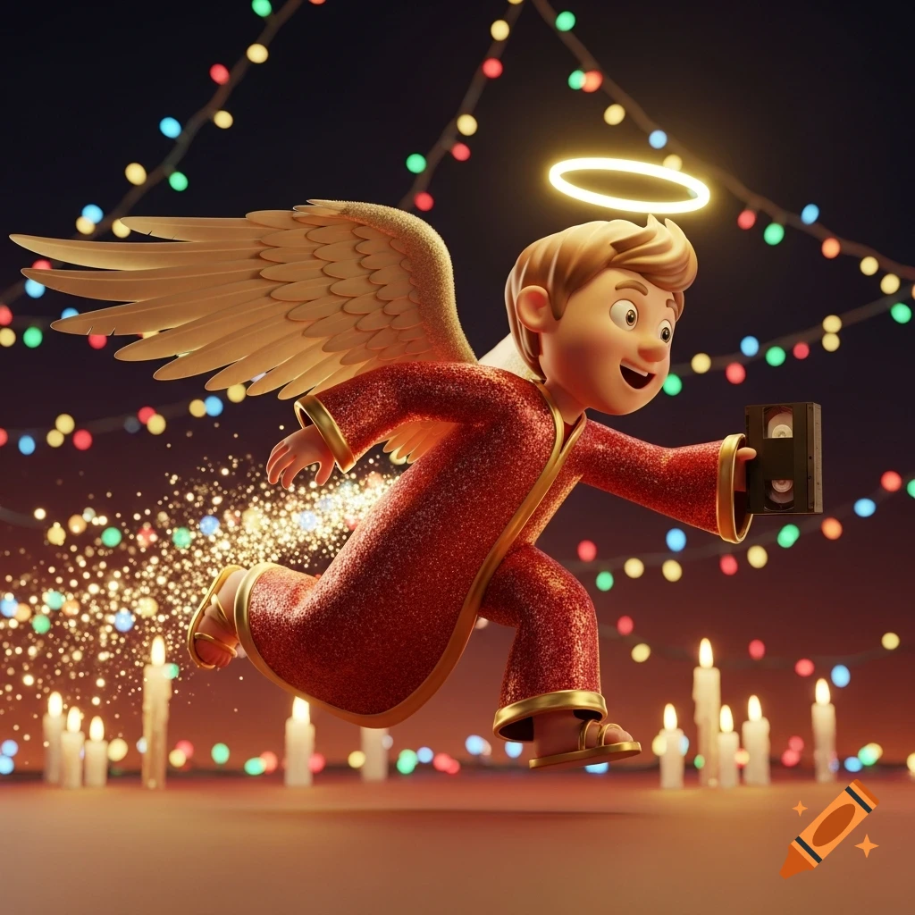 A cheerful 3D animated Christmas angel in a sparkly red suit with golden wings and a halo runs, holding a VHS tape, leaving a trail of golden sparks, surrounded by string lights and candles.