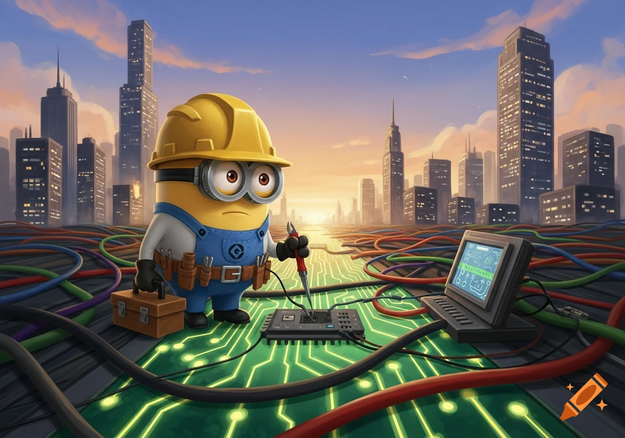 A Minion wearing a hard hat and overalls, holding pliers and soldering a circuit board, surrounded by cables with a cityscape in the background. A small computer monitor displays a circuit diagram.