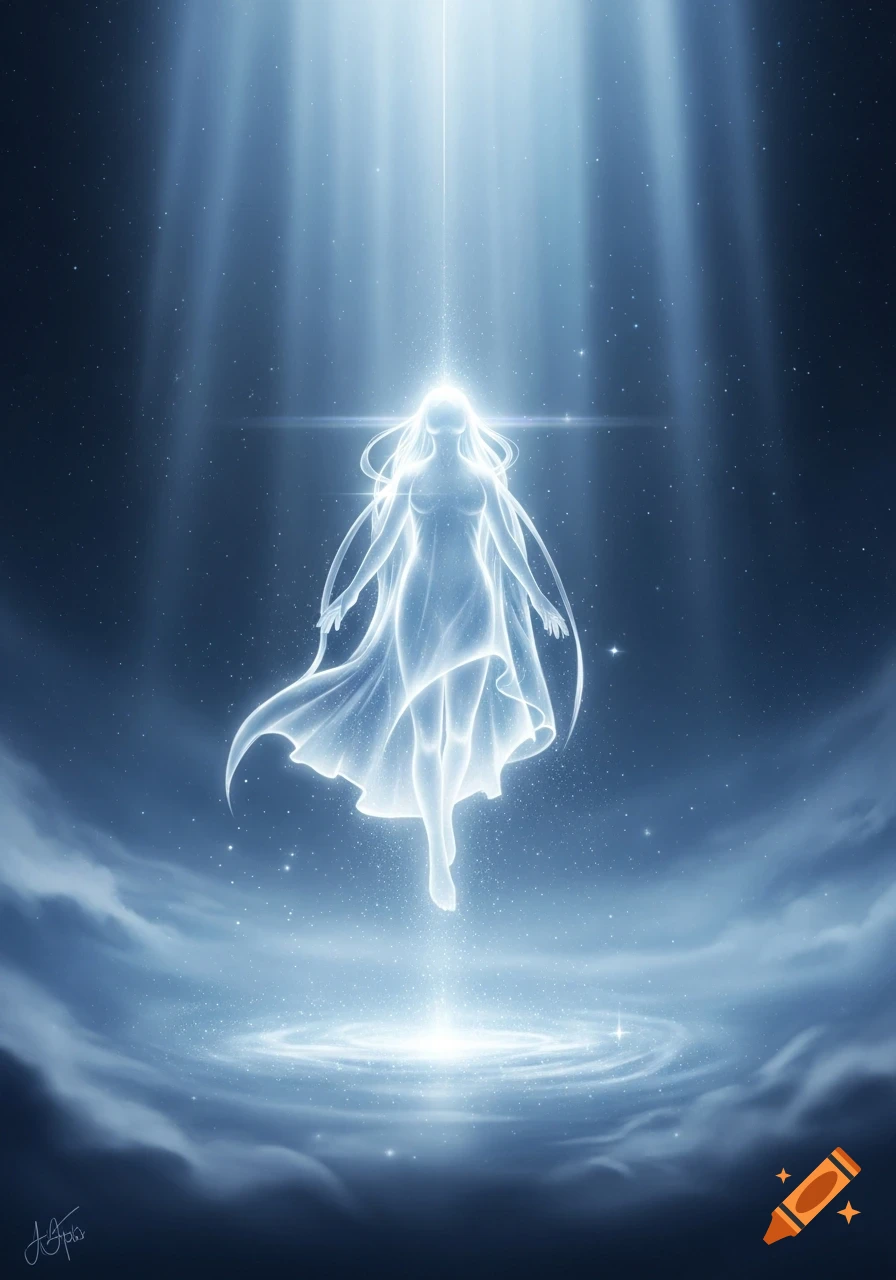 A glowing, ethereal figure with flowing hair and garment floats upward in a starry, cosmic sky with light rays beaming down.