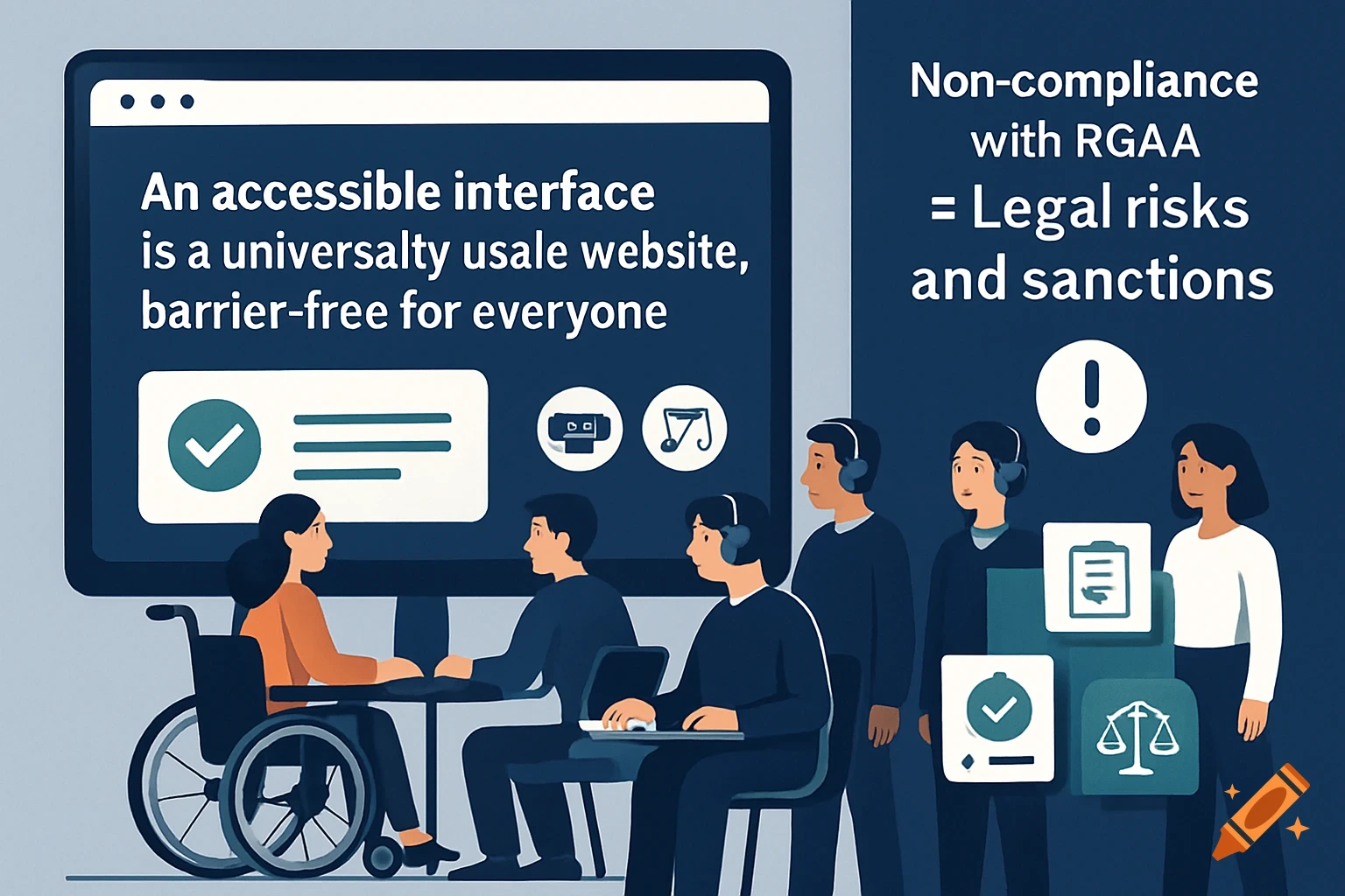 An illustration showing web accessibility on a computer screen, with diverse users including one in a wheelchair. Text highlights RGAA compliance.