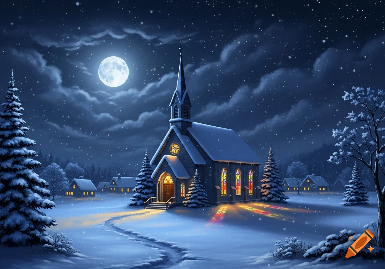 Snow-covered church at night with glowing stained glass windows under a full moon, surrounded by snowy pines.
