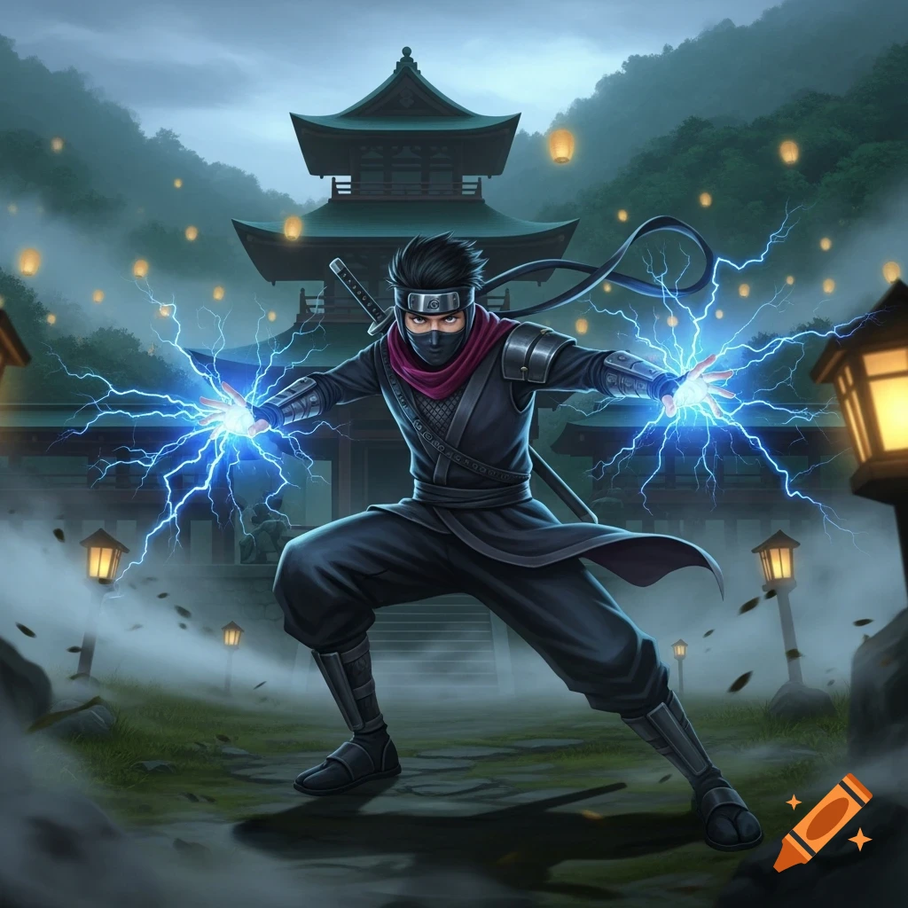 A young ninja in a mask and black suit wields blue lightning in front of a traditional Japanese temple at dusk, with floating lanterns.