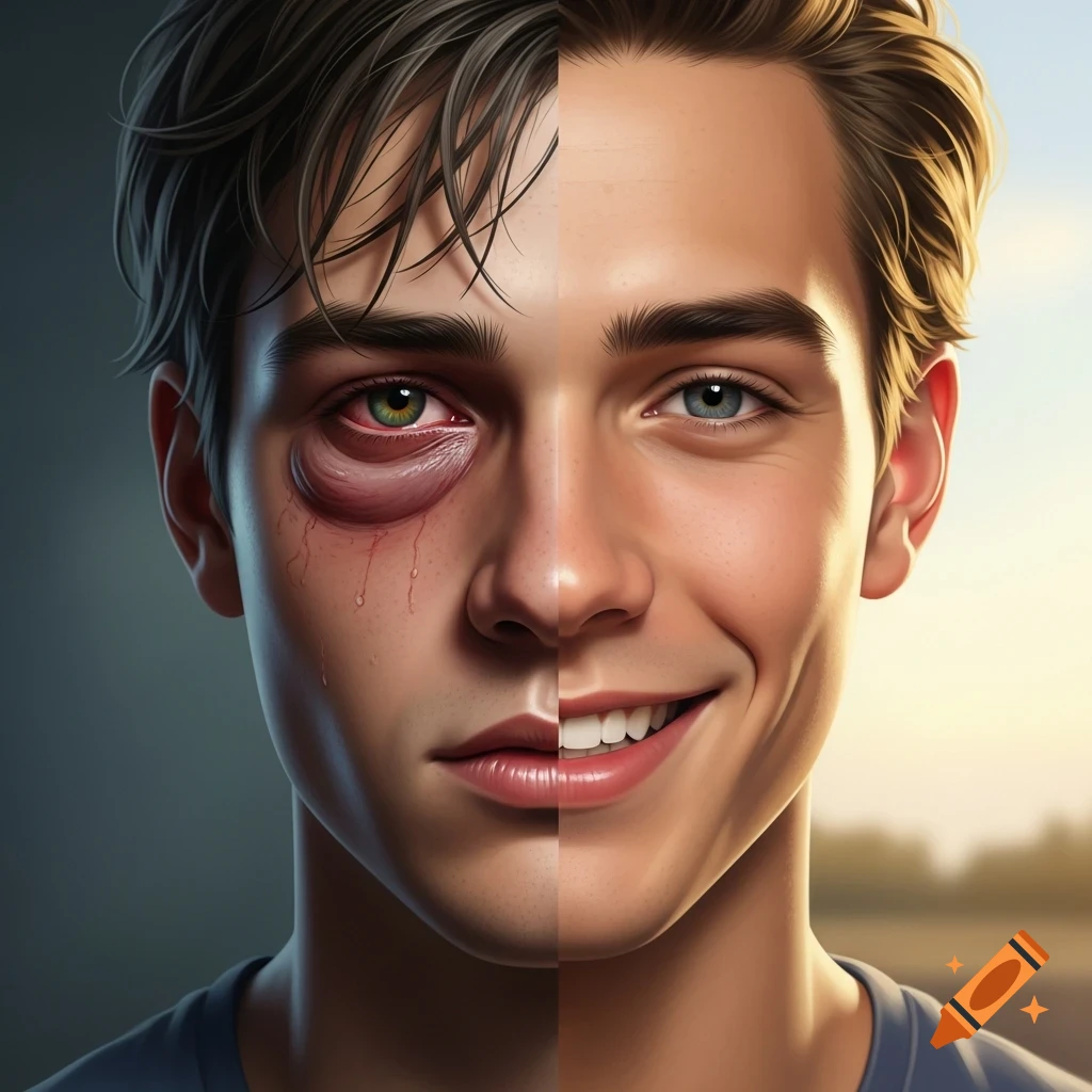 Split portrait of a man, one side showing an exhausted face with a bloodshot eye, the other side showing a happy, smiling face.