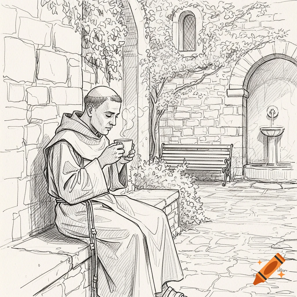 A sketch of a Capuchin monk sitting in a stone courtyard, drinking from a steaming cup.