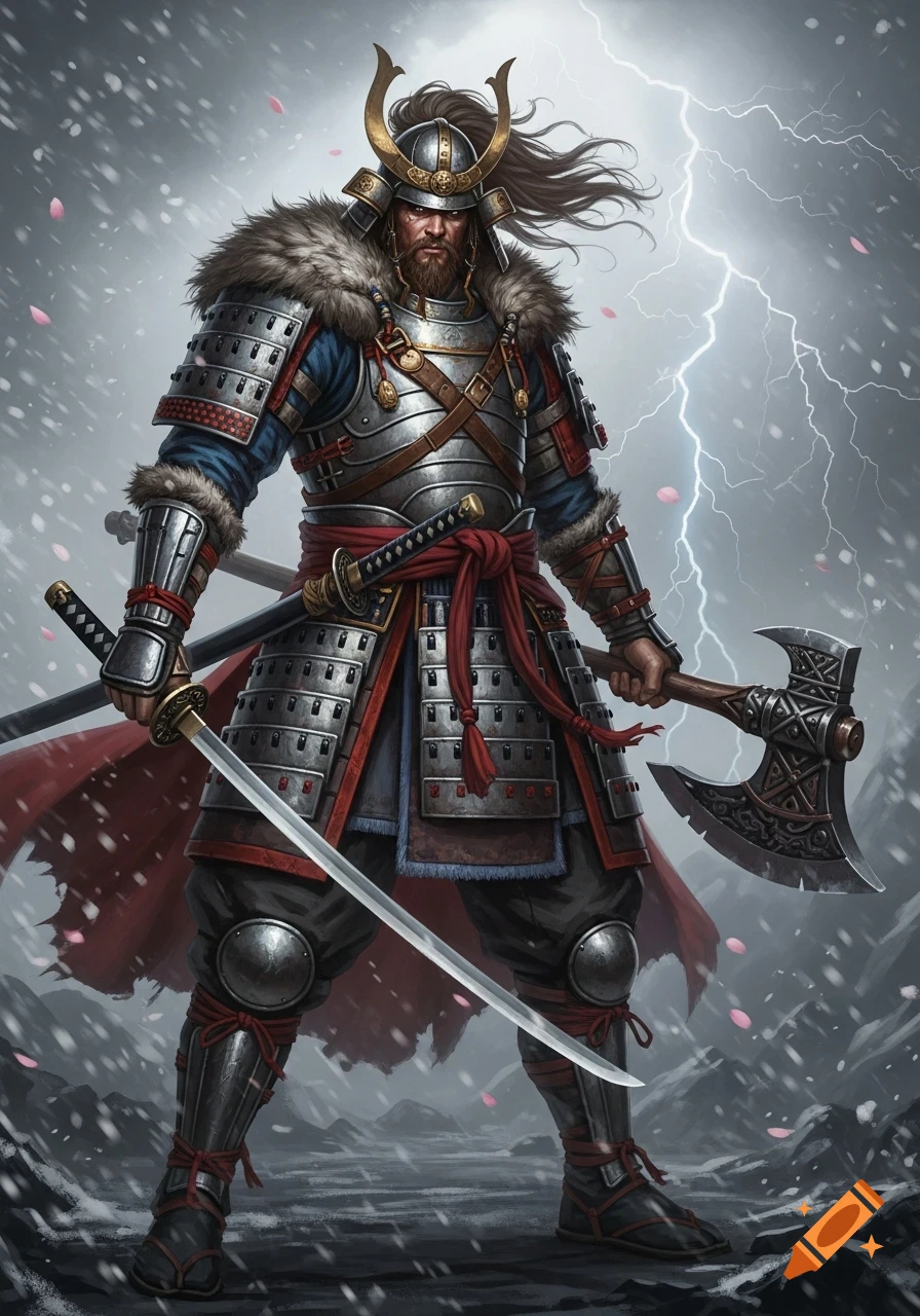 A formidable samurai-viking warrior in armor and fur holds an axe and katana amidst a snowy storm with lightning.