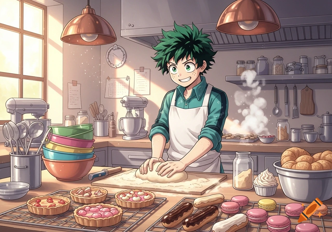 Anime character Izuku Midoriya in a sunlit kitchen, kneading dough on a cutting board, surrounded by tarts, macarons, and various baked goods.