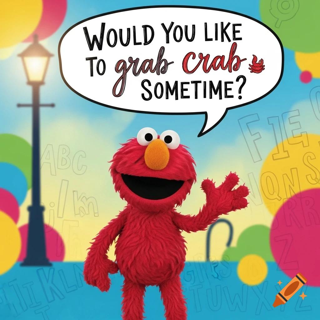 Elmo waves with a speech bubble saying 'Would you like to grab crab sometime?' in a bright, colorful scene with letters and a lamp post.