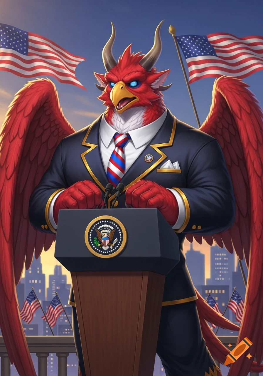 A red, horned, winged anthropomorphic creature in a suit stands at a podium with the Presidential Seal and American flags, in a cartoon style.