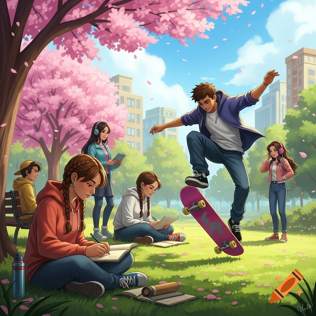 Anime style illustration of young people studying and skateboarding in a park under cherry blossom trees.
