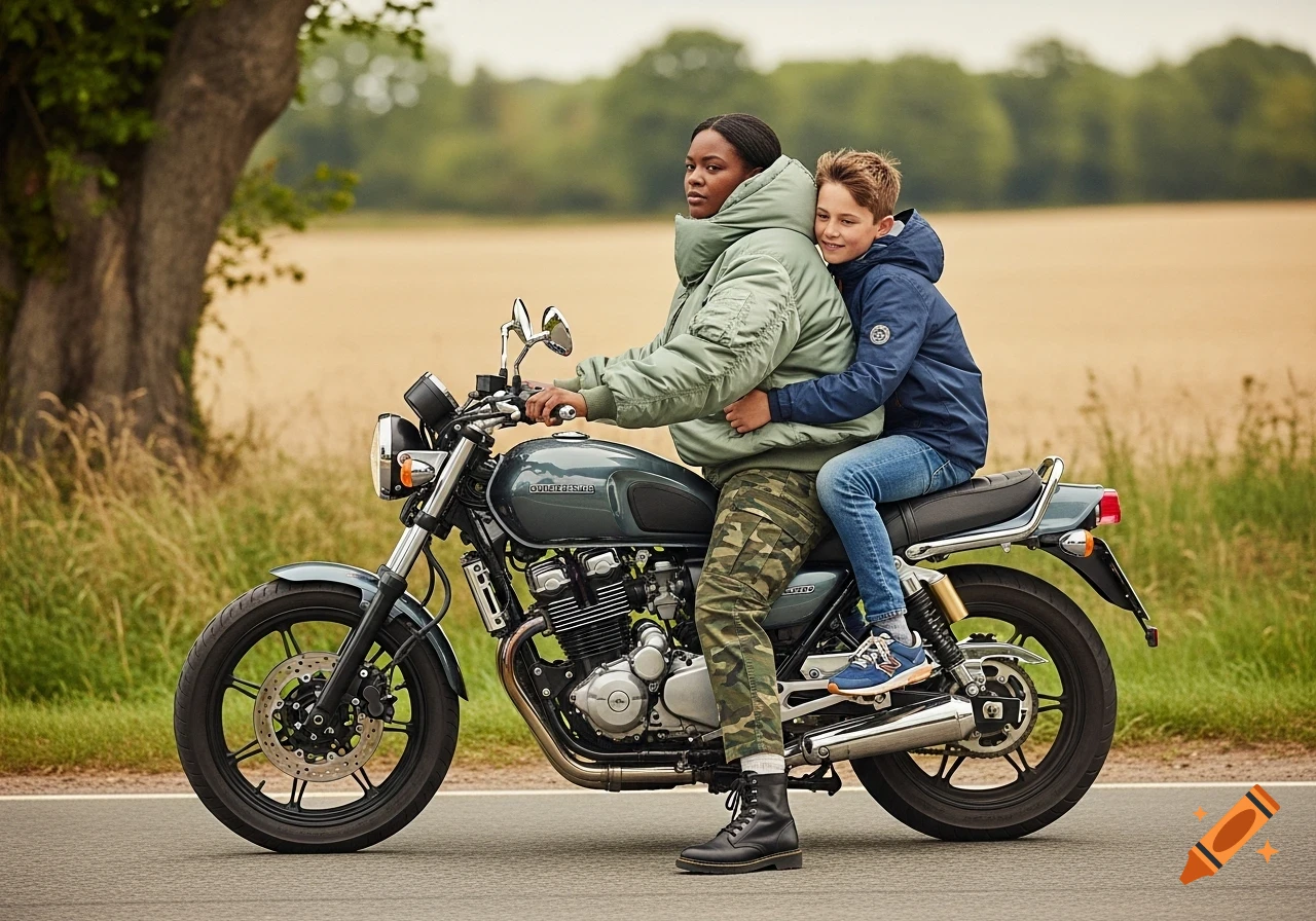 A woman in a bomber jacket and camo pants on a motorcycle with a boy in a blue windbreaker riding behind her, on a country road.