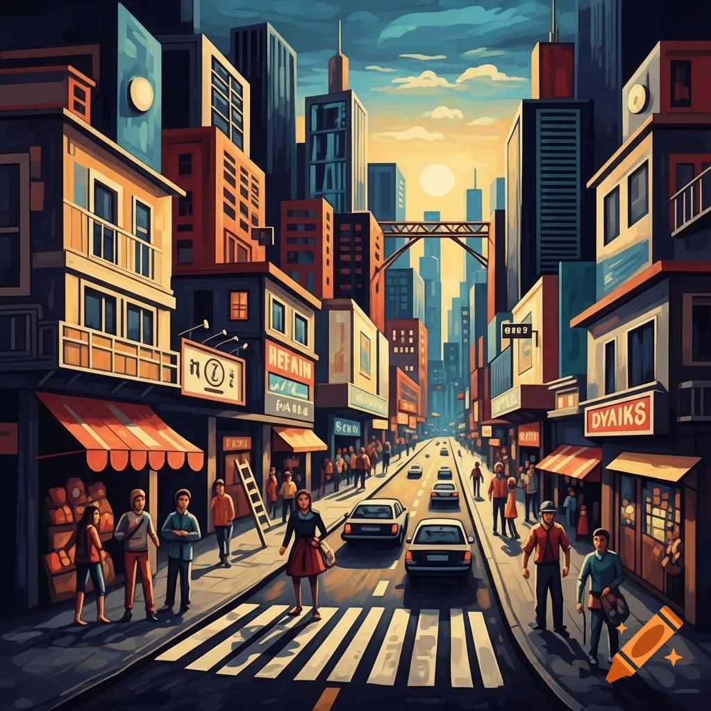 A vibrant, stylized cubist cityscape with buildings, people, and cars on a street under a sunset sky.