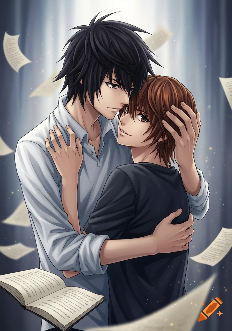 Anime illustration of L (black hair) embracing Light (brown hair) from Death Note, with an open book and floating papers.