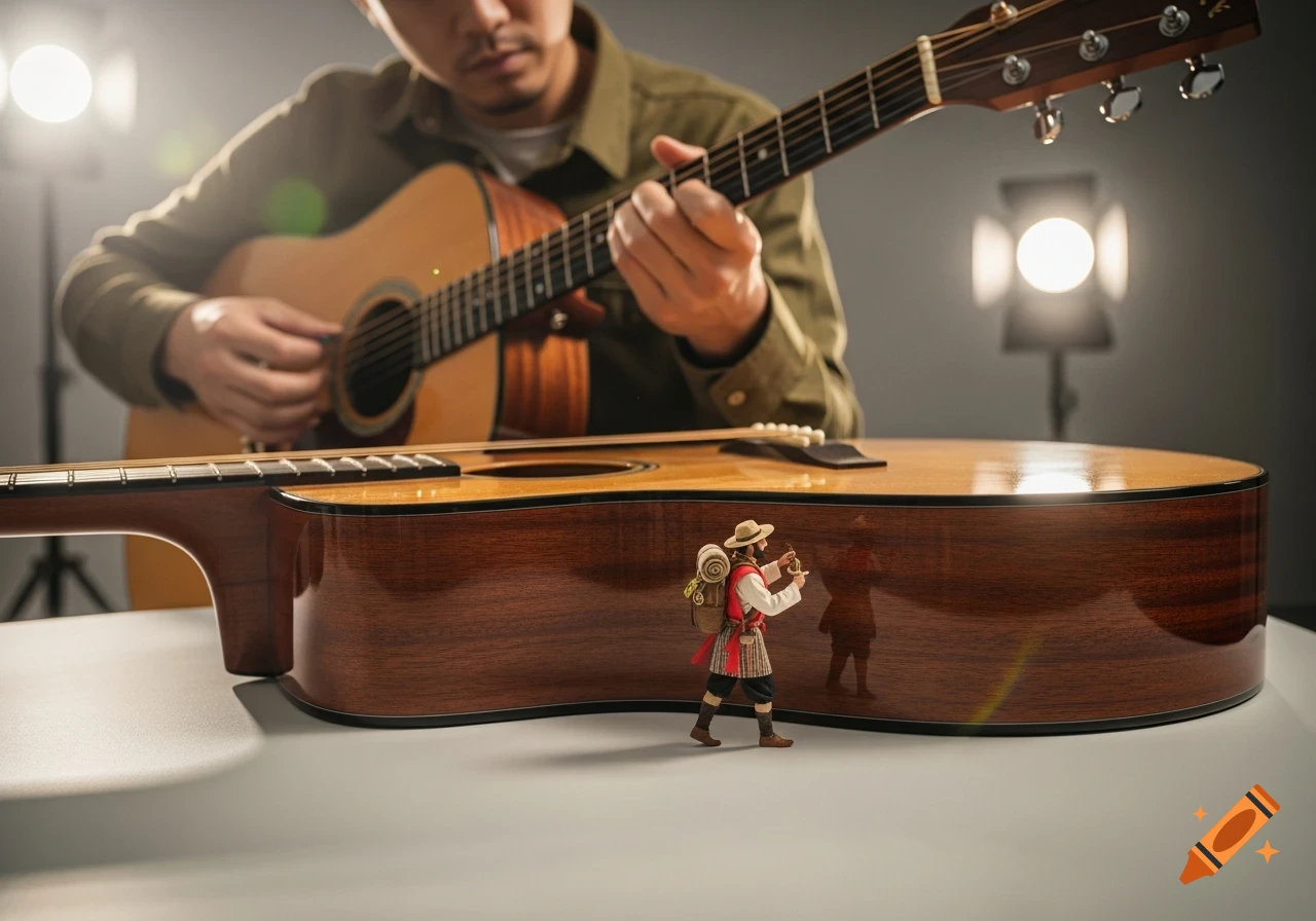Photorealistic image of a man playing an acoustic guitar, with a tiny figurine of a man walking on the guitar's side.