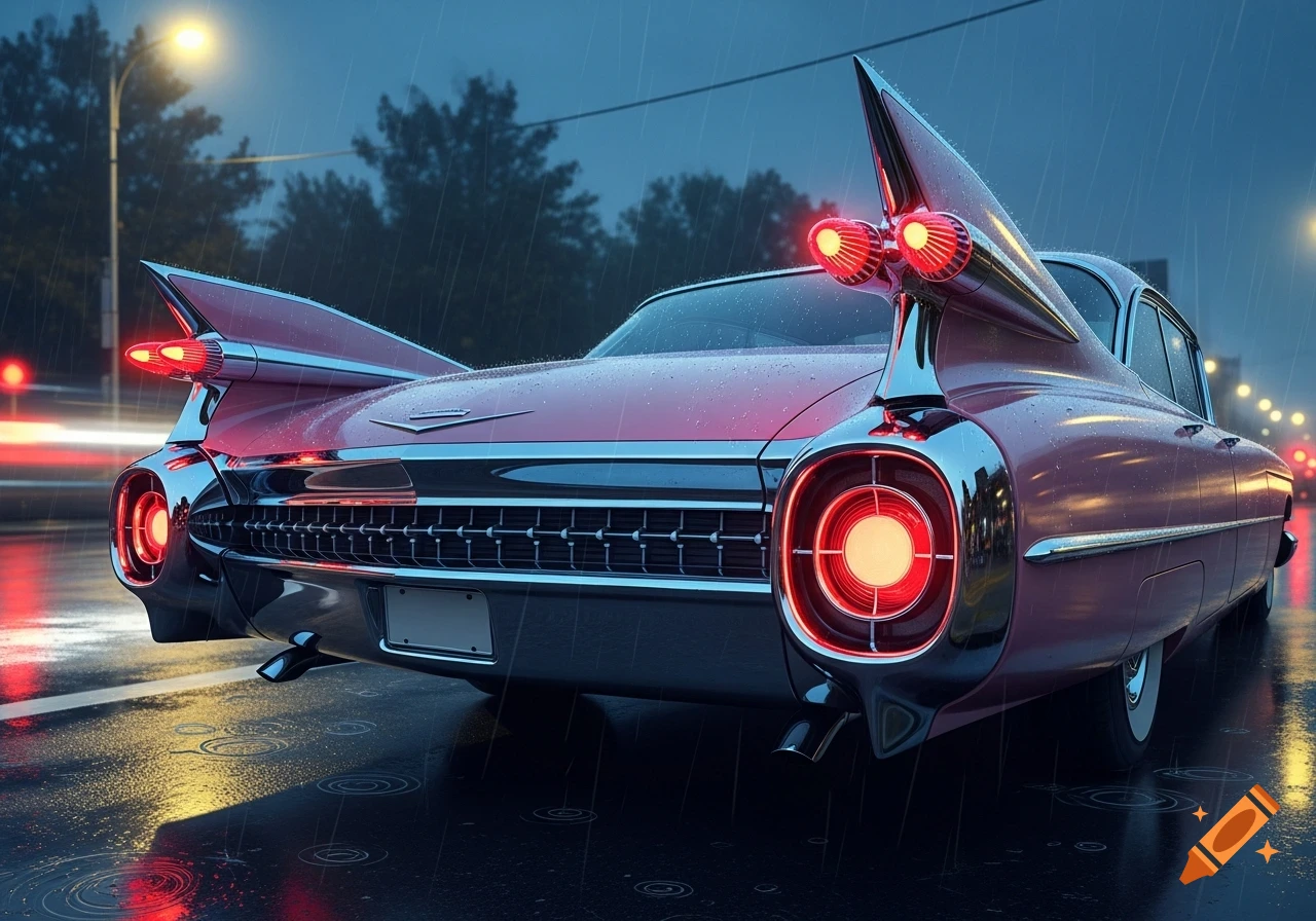 Rear view of a pink 1959 Cadillac with iconic tail fins and red taillights, covered in raindrops on a wet street at night.