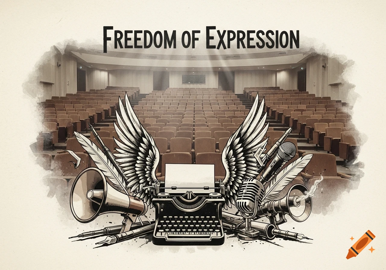 An illustration of a typewriter with wings, microphones, and quills in an auditorium, with 'FREEDOM OF EXPRESSION' text.