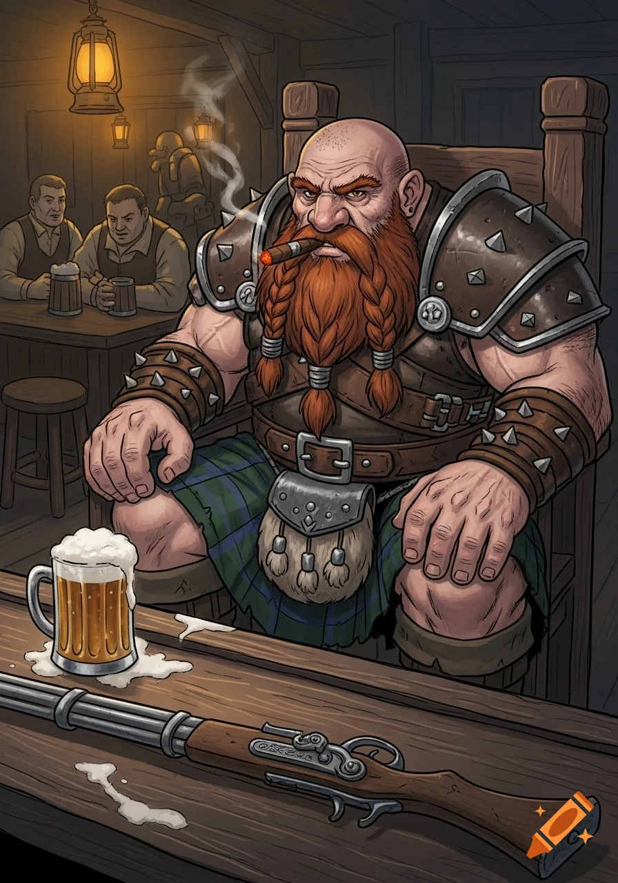 An angry, bald dwarf with a red braided beard, wearing a kilt and rugged armor, smokes a cigar in a tavern with a musket and beer on the table.
