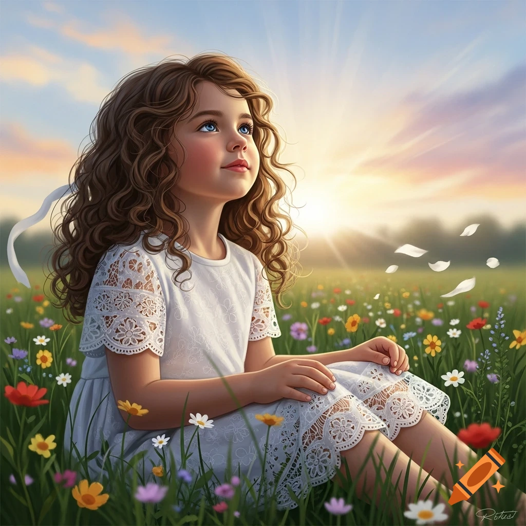 A young girl with curly brown hair and blue eyes sits in a vibrant flower field, looking up at the bright, soft sunset sky.