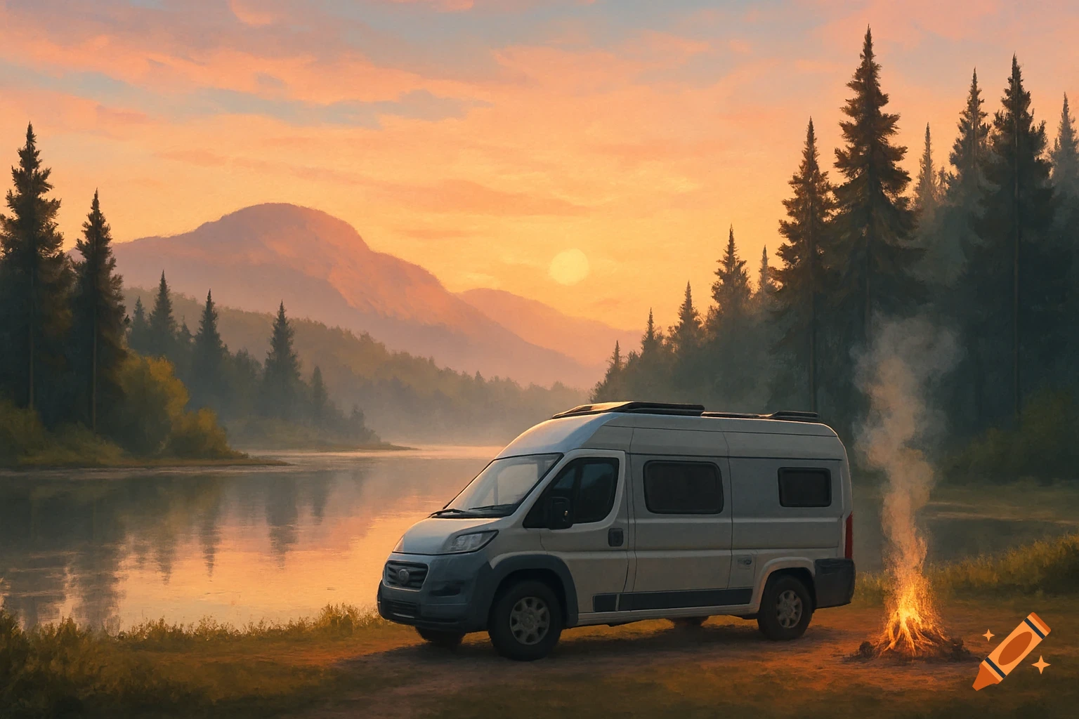 A painterly sunset landscape with a camper van parked by a tranquil lake, surrounded by pine trees and distant mountains, with a campfire burning.