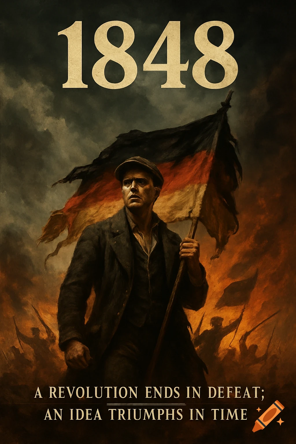 Dramatic oil painting of a man holding a tattered German flag, surrounded by revolutionaries, with '1848' and a quote.