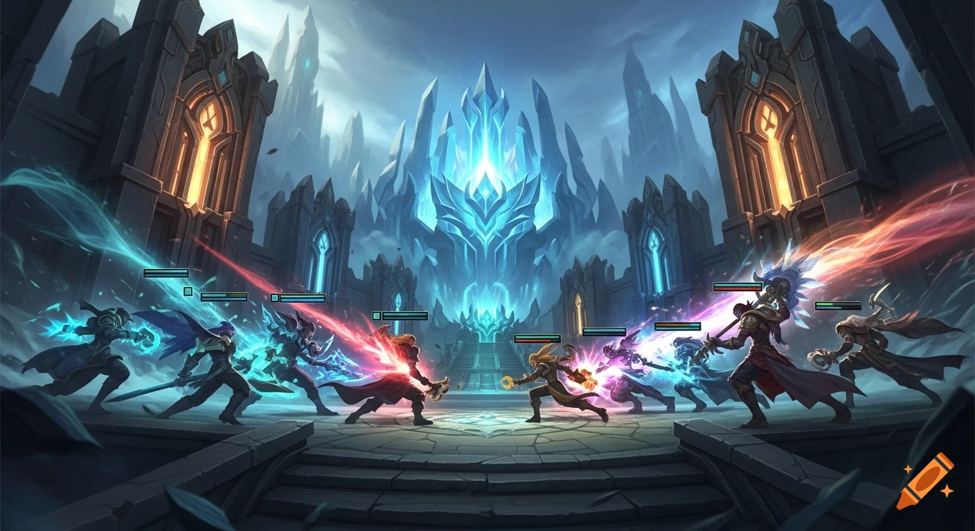 Two teams of armored characters clash in a fantasy battle in front of a glowing ice castle, with energy beams and game UI elements visible.