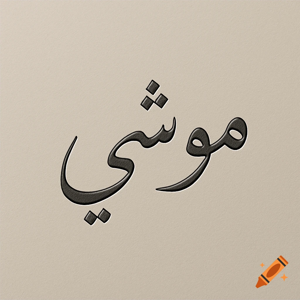 Black Arabic calligraphy of the word 'Moushi' with an embossed effect on a light beige textured background.