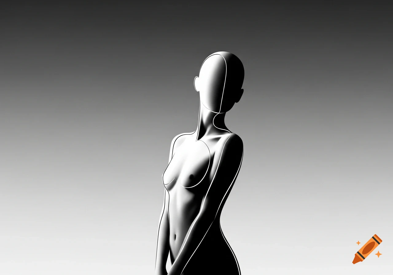 Stylized, minimalist grayscale image of a faceless female torso outlined in white.