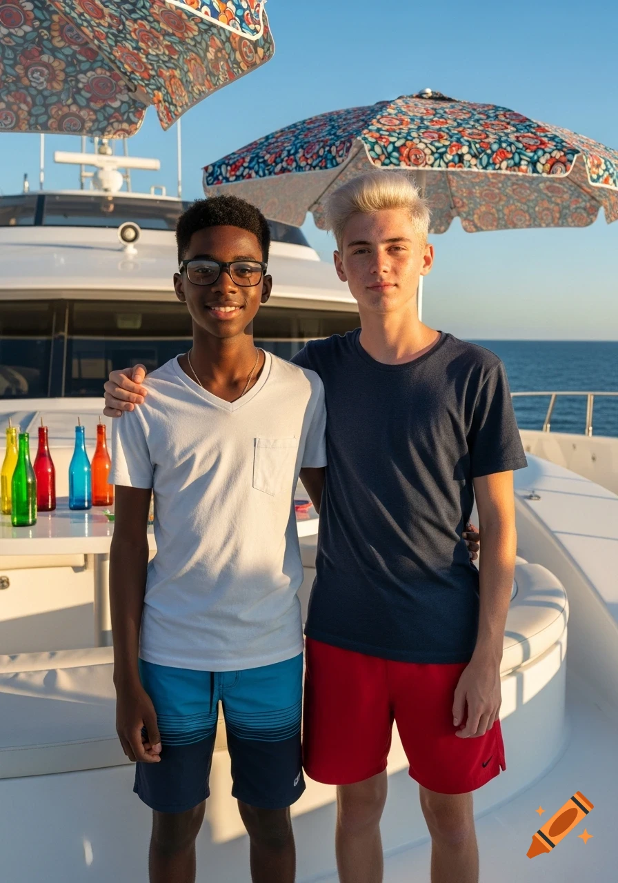 Two smiling boys stand together on a yacht under colorful umbrellas with the ocean in the background. Photorealistic.