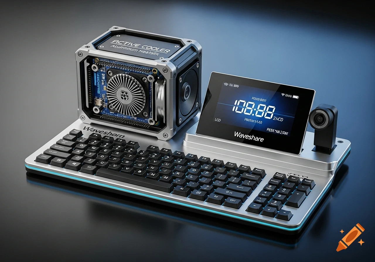 A cyberdeck-style setup with a silver keyboard, a cubical 'Active Cooler' computer, and a screen displaying 'Waveshare' and '108:88'.