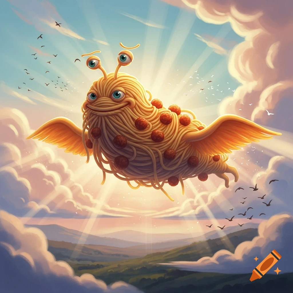 A whimsical flying spaghetti monster with meatballs and golden wings soars happily through a bright, sun-drenched sky over a landscape.