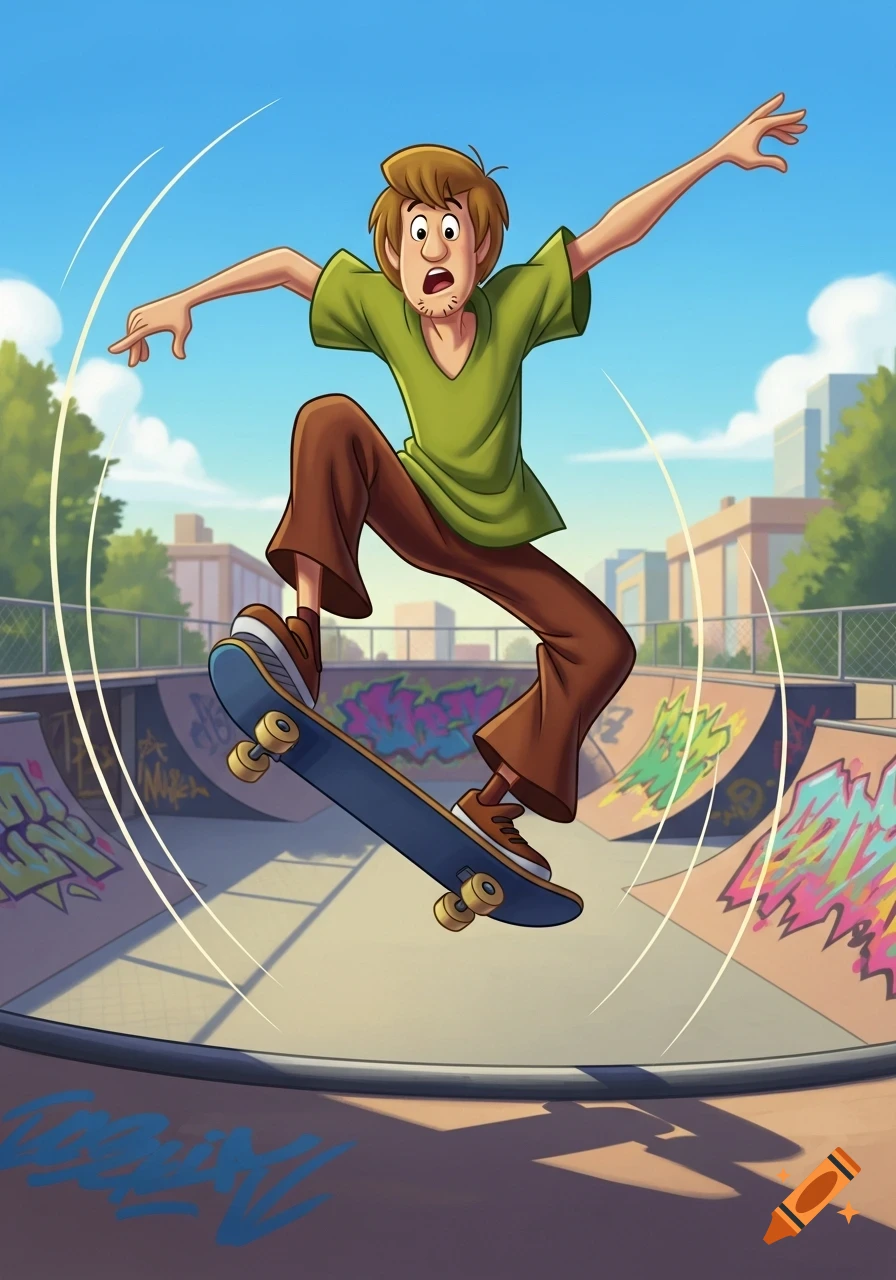 Shaggy from Scooby-Doo performs an ollie on a skateboard in a colorful skate park under a blue sky, in a cartoon style.