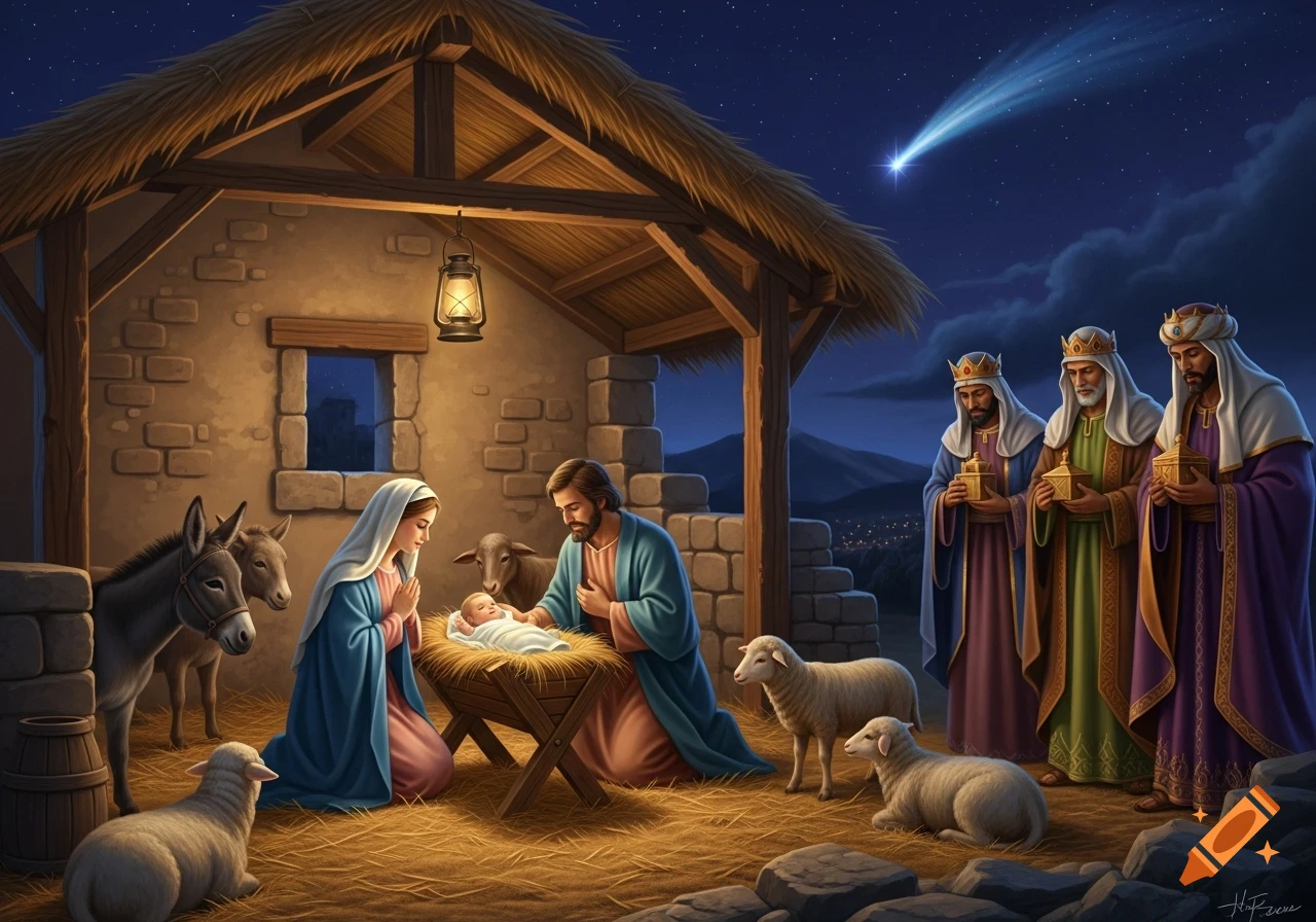 A detailed illustration of the Nativity scene with Mary, Joseph, baby Jesus, the Three Wise Men, and animals under a starry night.