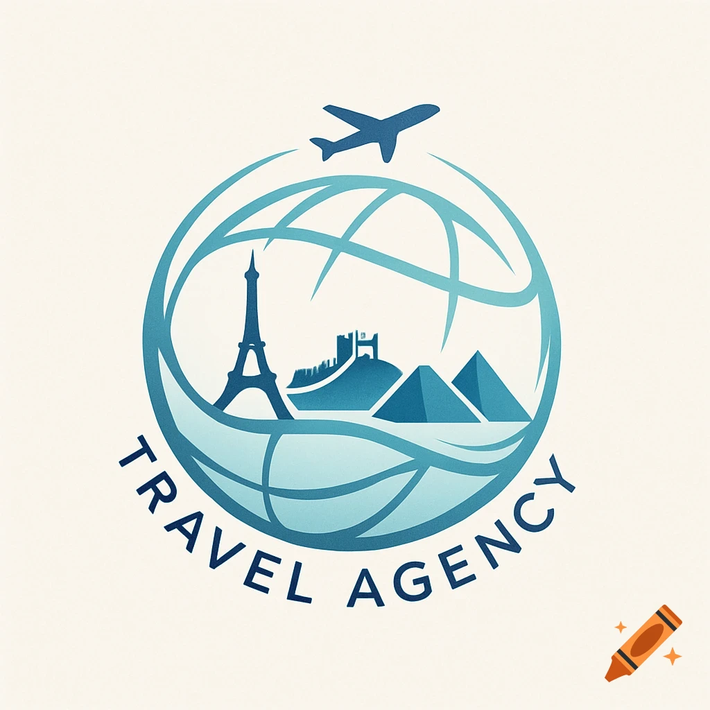 Blue logo for a travel agency featuring a globe, an airplane, the Eiffel Tower, a castle, and pyramids, with the text 'TRAVEL AGENCY'.