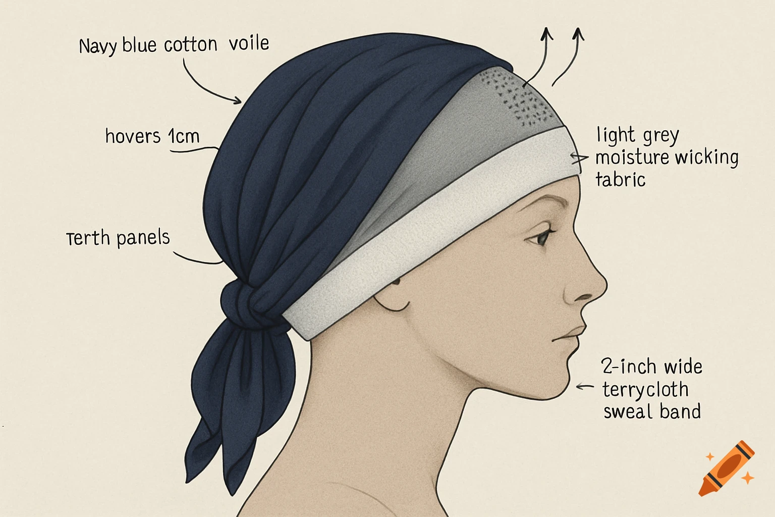 Side view illustration of a head wearing a navy blue cotton voile turban over a light grey moisture-wicking cap with a white terrycloth sweatband, showing layers and design details.