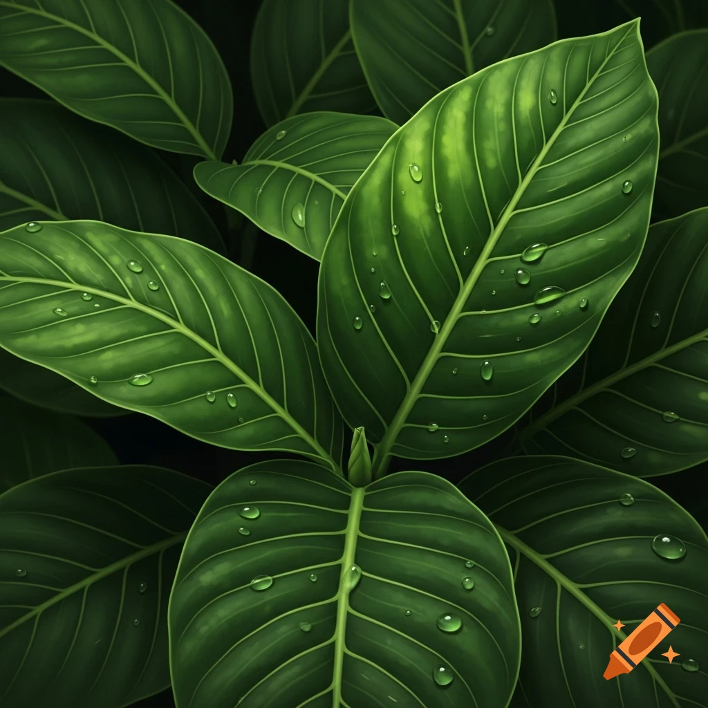 Close-up of vibrant green jungle leaves with glistening water droplets on a dark background.