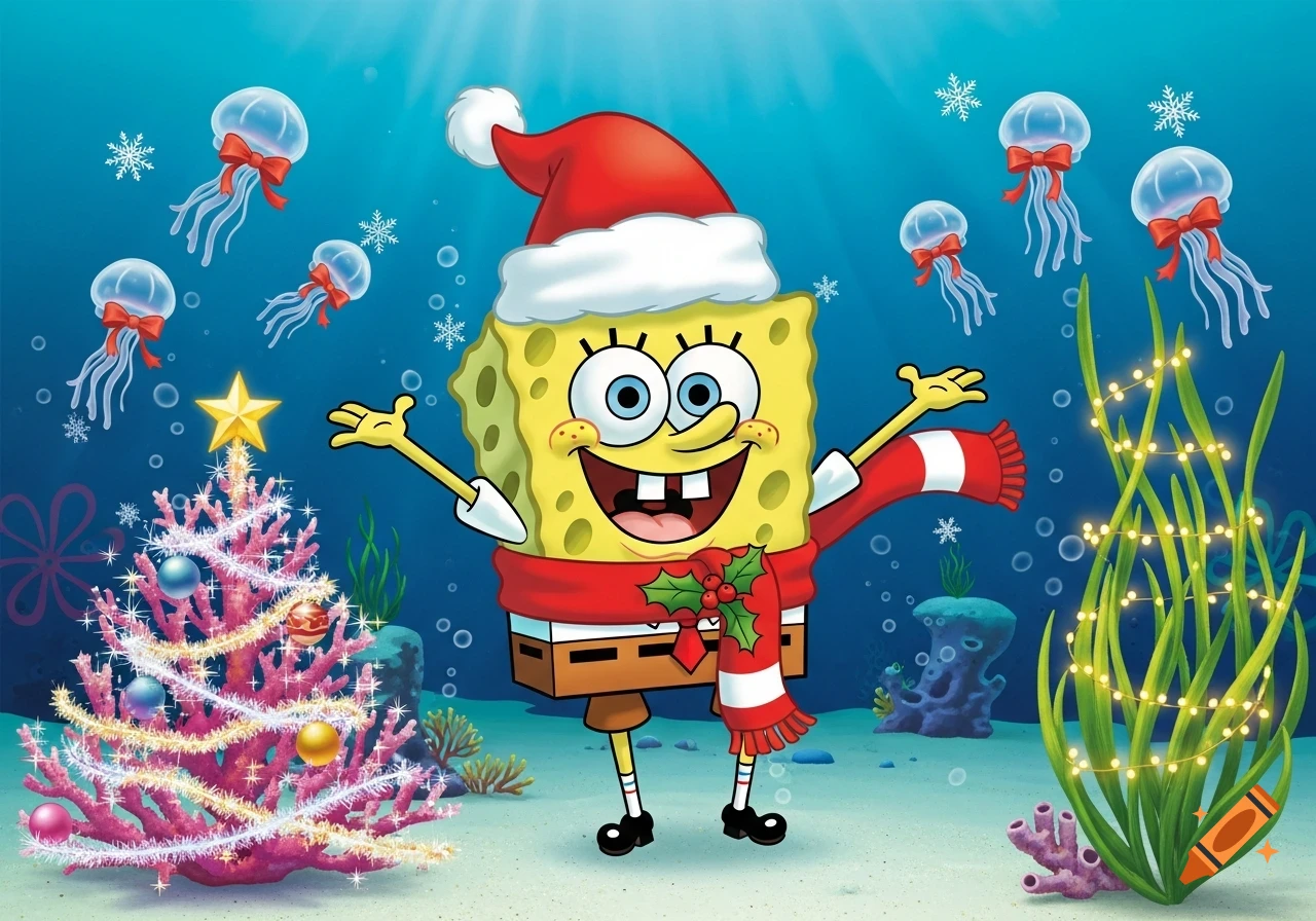 Spongebob Squarepants in a Santa hat and scarf, arms outstretched in a festive underwater scene with a decorated coral tree.