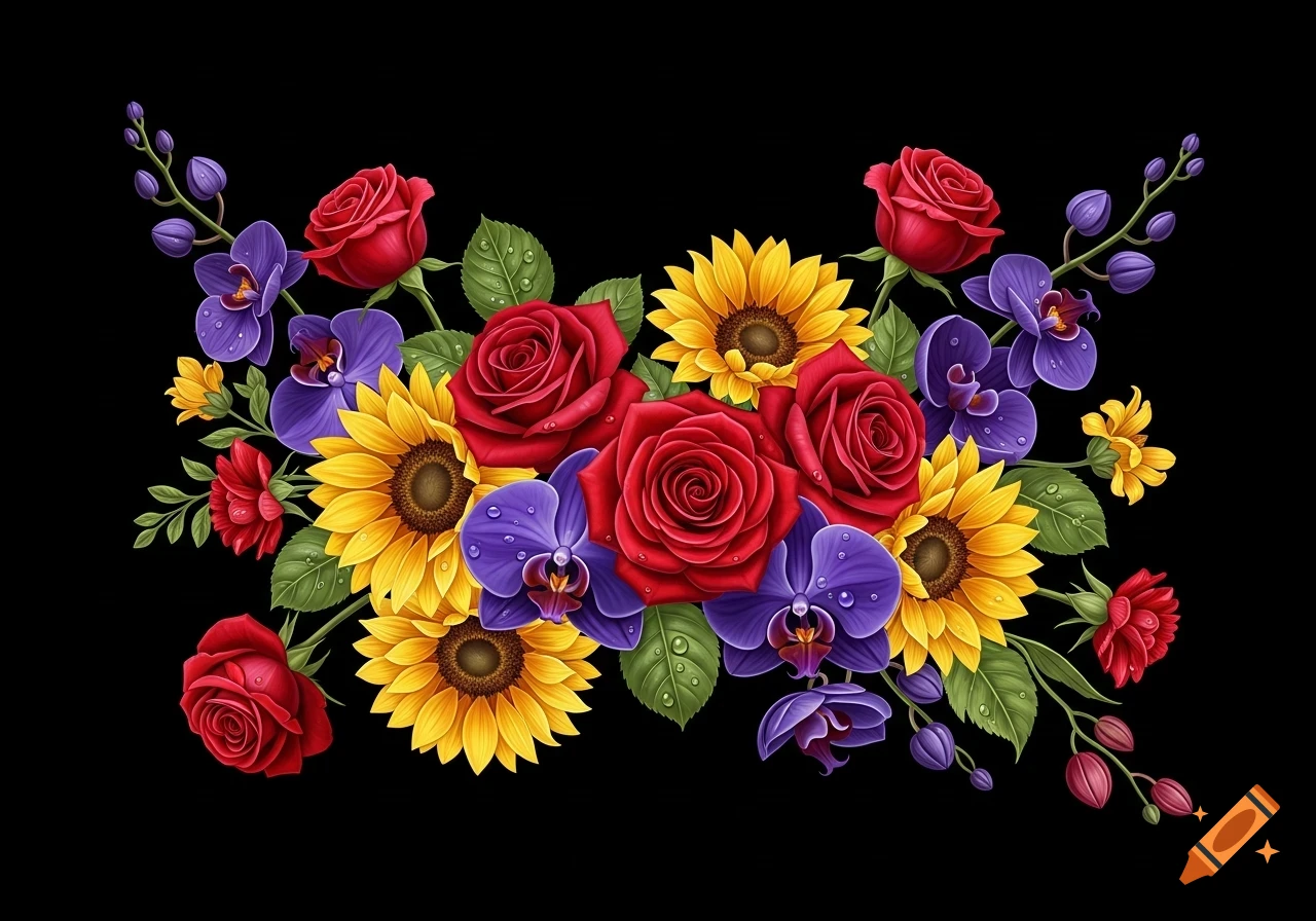 Vibrant floral arrangement with red roses, yellow sunflowers, and purple orchids with water droplets on a black background.