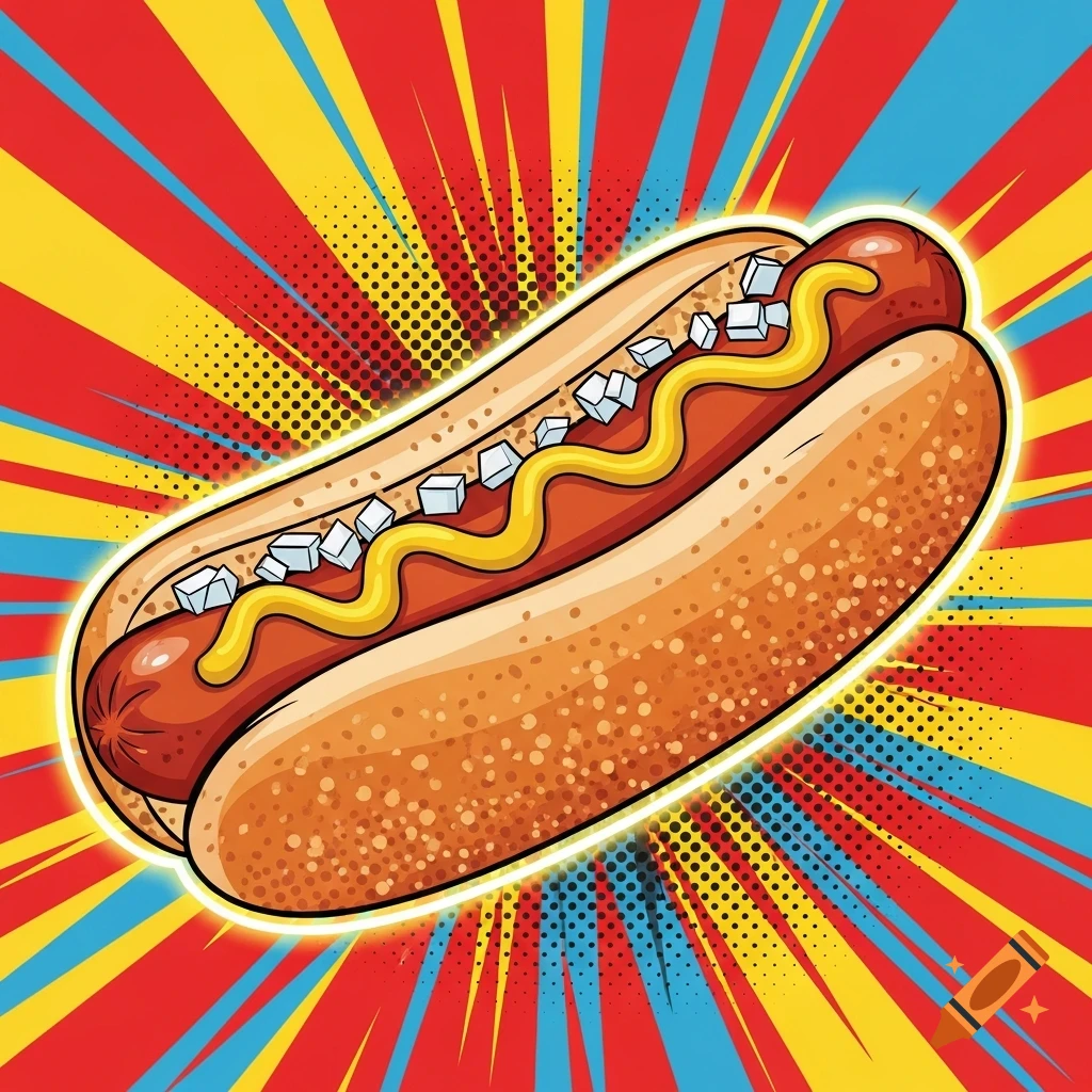 A vibrant pop art illustration of a hotdog topped with mustard and diced onions, set against a background of red, yellow, and blue starburst rays.