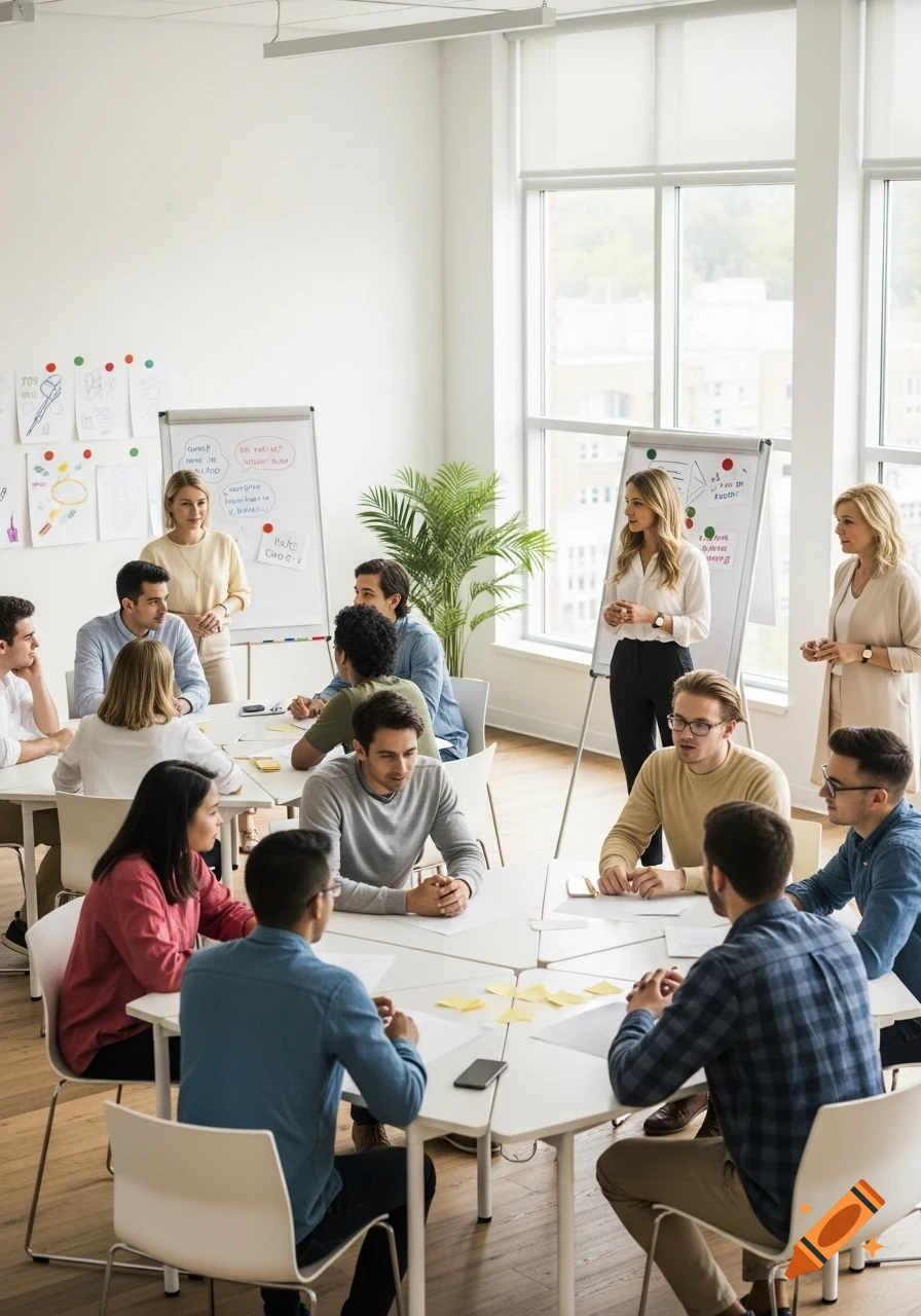 A diverse group of people participating in a training session or meeting in a bright, modern office with whiteboards.