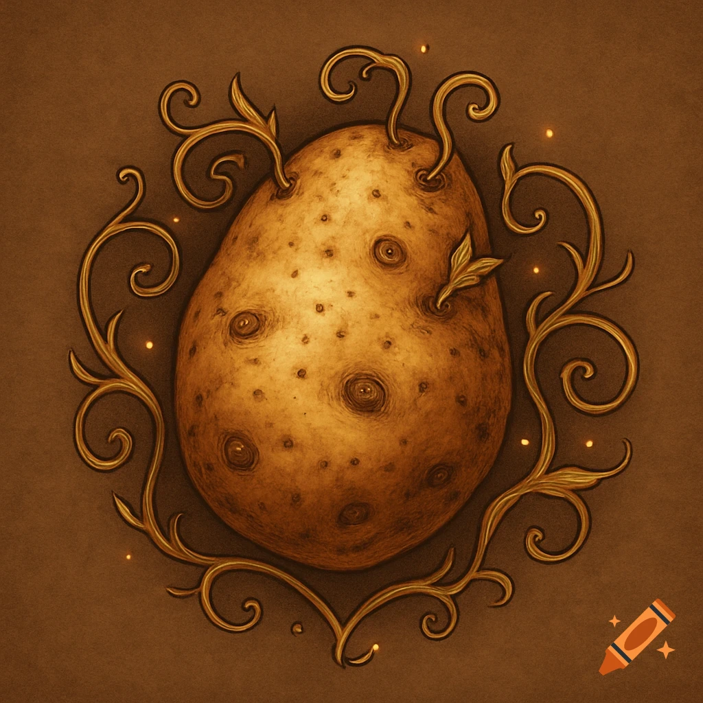 A stylized, textured potato with small sprouts, surrounded by intricate golden swirling vines, on a brown background.