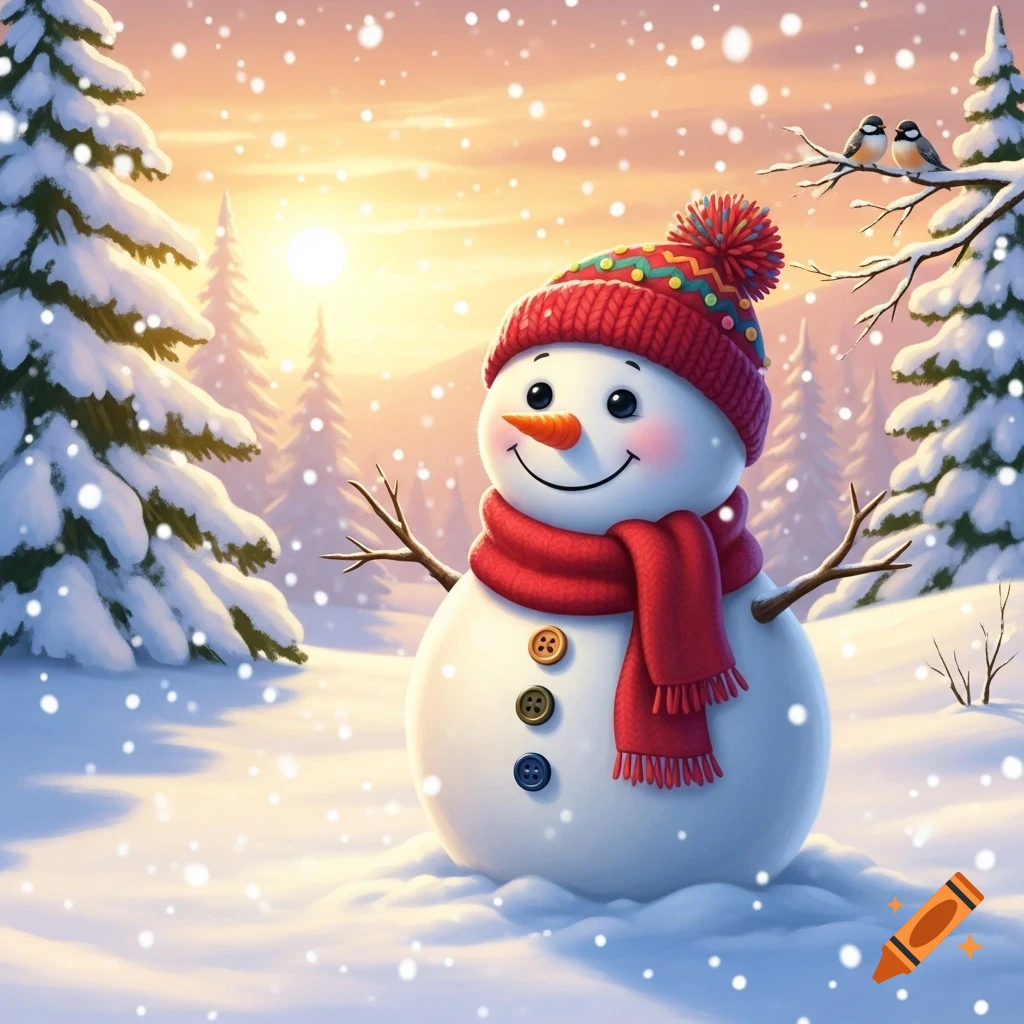 A happy cartoon snowman with a red hat and scarf stands in a snowy forest under a golden sky with falling snow and two birds on a branch.